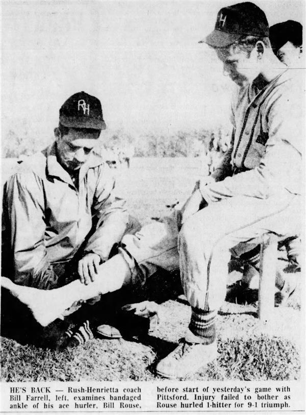 Old photo of Coach Bill Farrell helping a young baseball player with an ankle injury